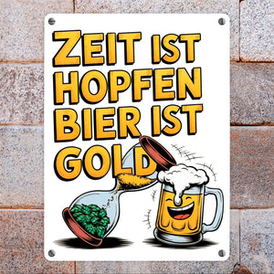 Zeit ist Hopfen, Bier ist Gold Metallschild in 15x20 cm Bierkrug & Sanduhr