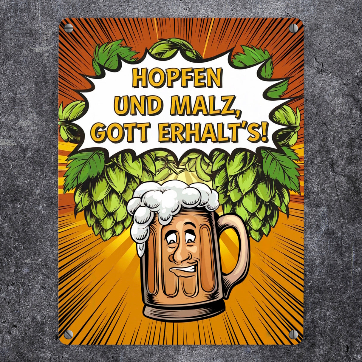 Hopfen und Malz, Gott erhalt's! Metallschild in 15x20 cm mit lustigem Bierkrug
