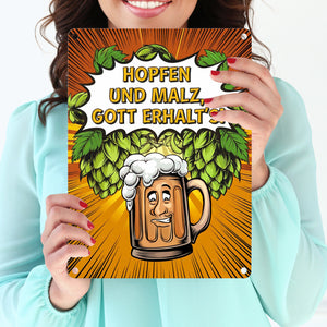 Hopfen und Malz, Gott erhalt's! Metallschild in 15x20 cm mit lustigem Bierkrug