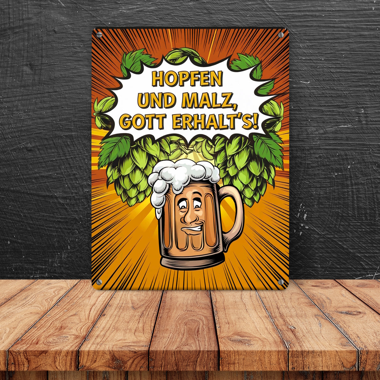 Hopfen und Malz, Gott erhalt's! Metallschild in 15x20 cm mit lustigem Bierkrug