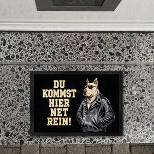 Türsteher Hund in Lederjacke Fußmatte in 35x50 cm - Du kommst hier net rein