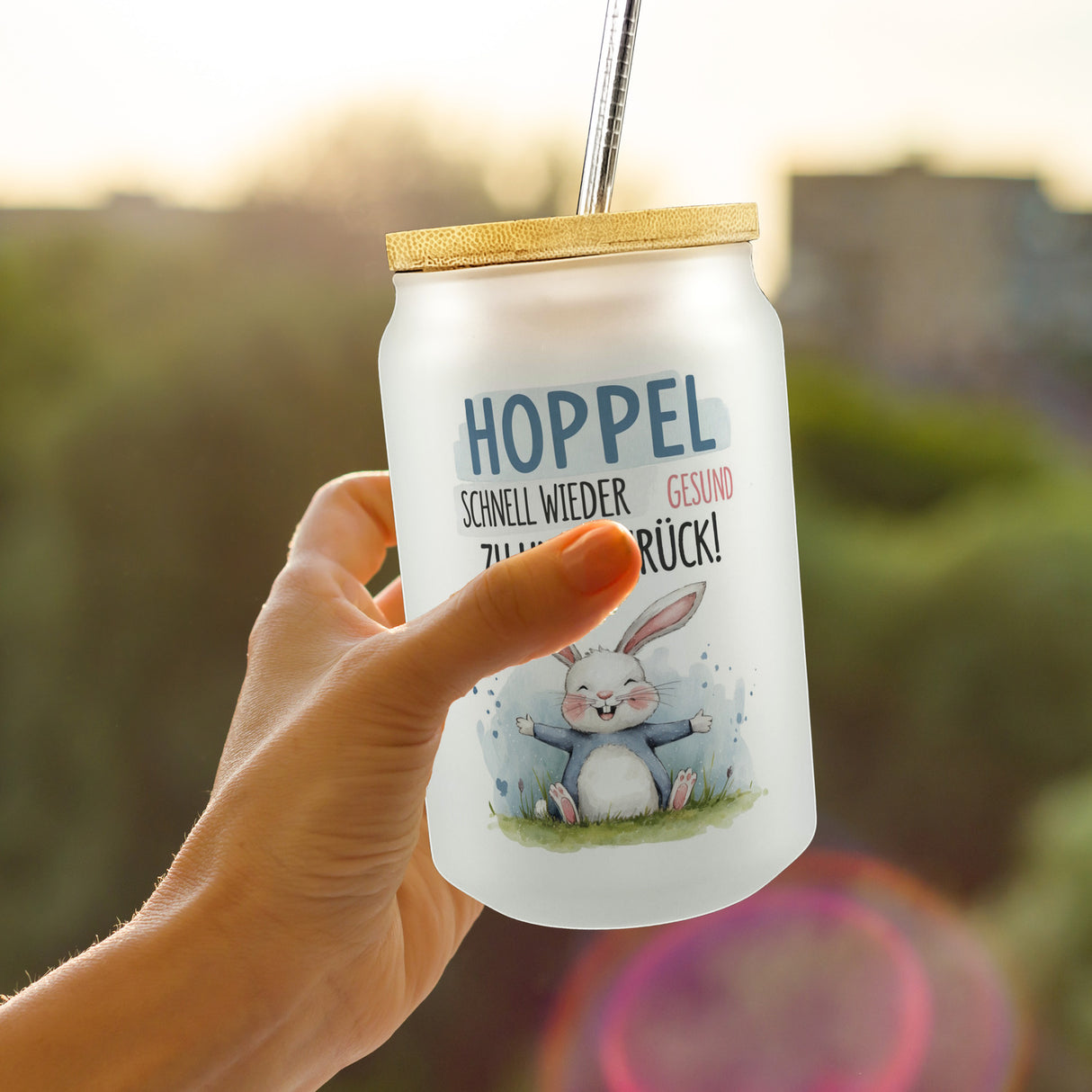 Hoppel schnell gesund zurück Trinkglas mit Bambusdeckel - Hase auf der Wiese