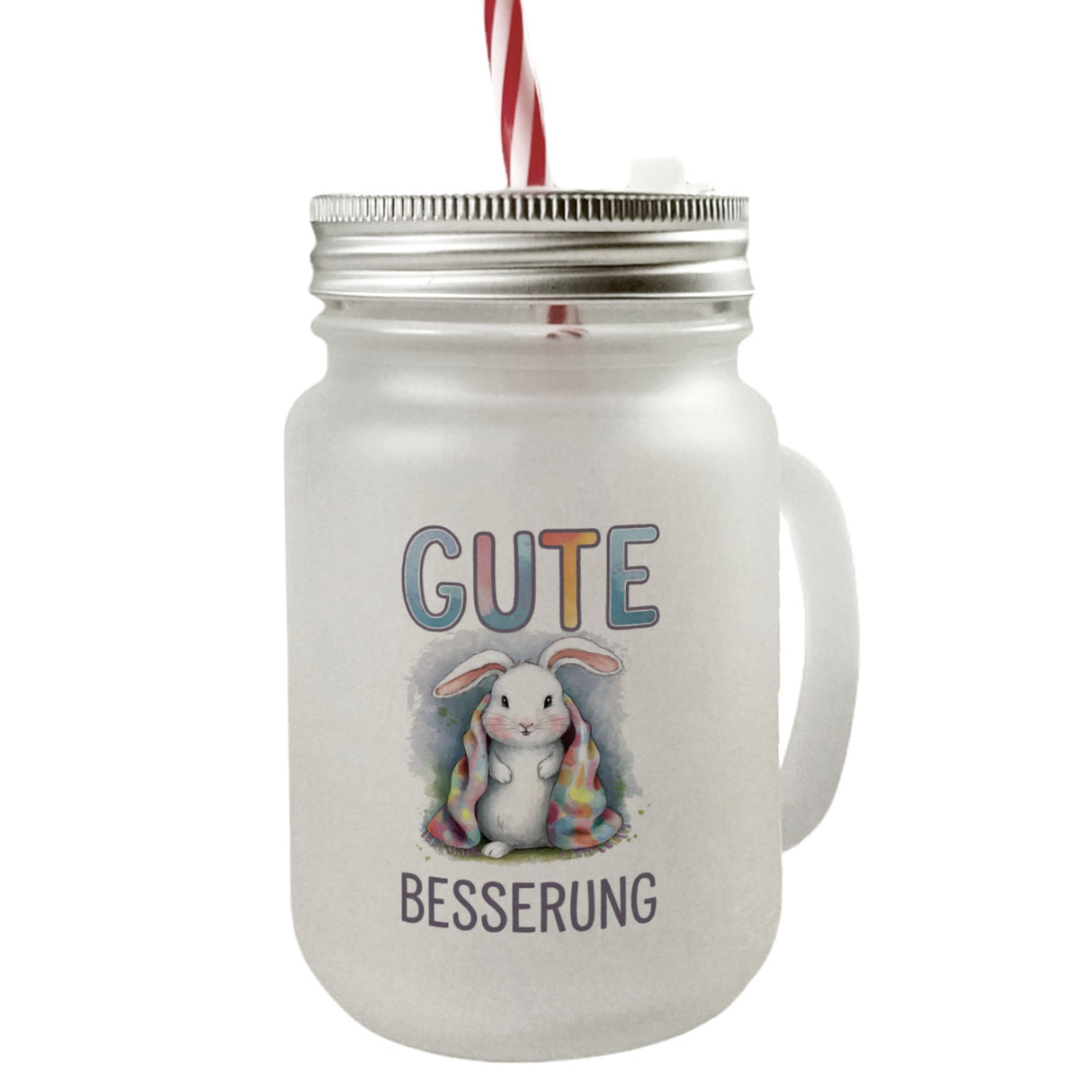 Gute Besserung Trinkglas mit Bambusdeckel - Weißes Kaninchen in einer Decke