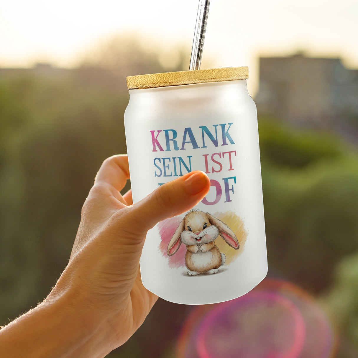 Krank sein ist doof Trinkglas mit Bambusdeckel mit niedlichem Kaninchen