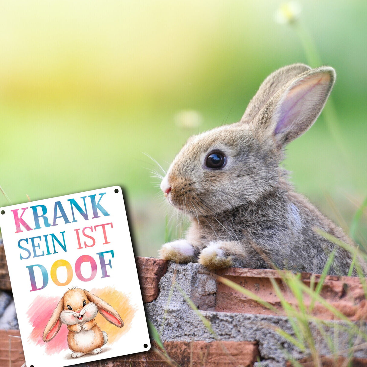 Krank sein ist doof Metallschild in 15x20 cm mit niedlichem Kaninchen