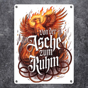 Phönix mit Flammen - Von der Asche zum Ruhm Metallschild in 15x20 cm