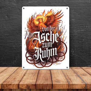 Phönix mit Flammen - Von der Asche zum Ruhm Metallschild in 15x20 cm
