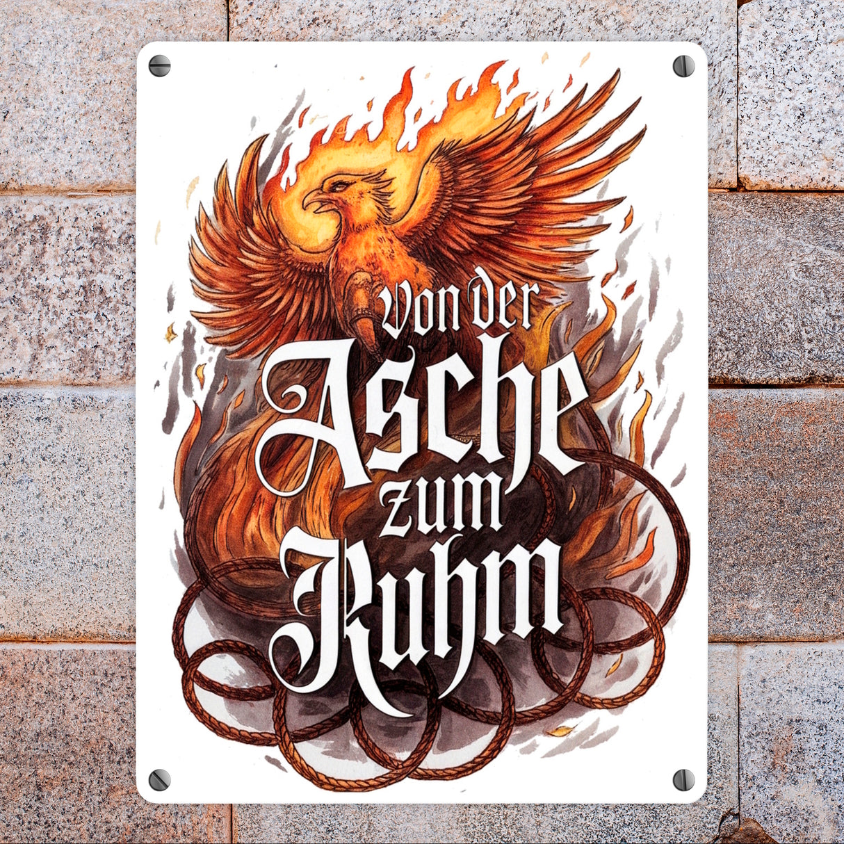 Phönix mit Flammen - Von der Asche zum Ruhm Metallschild in 15x20 cm