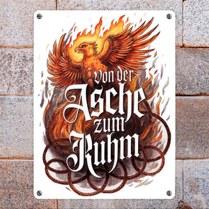 Phönix mit Flammen - Von der Asche zum Ruhm Metallschild in 15x20 cm
