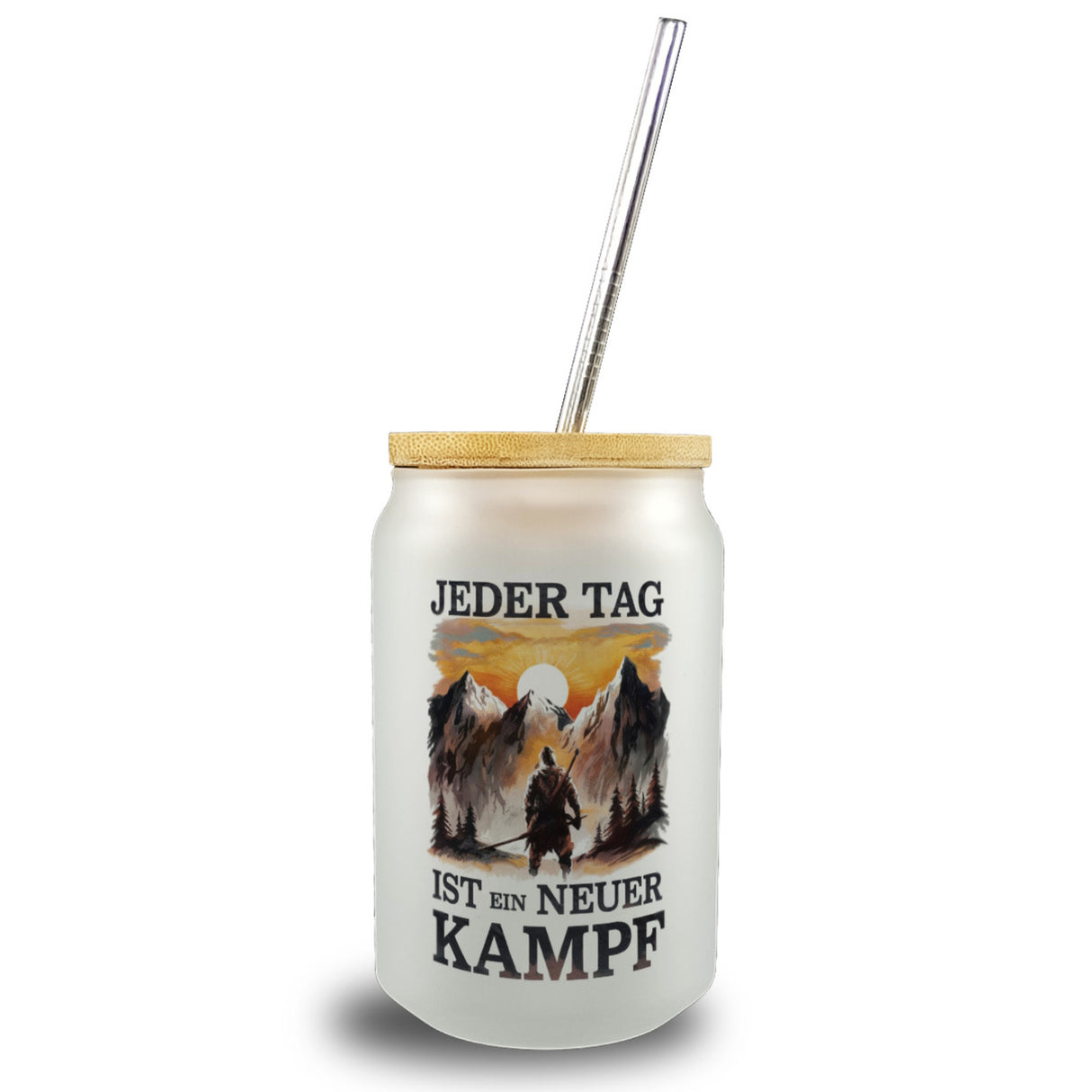 Jeder Tag ein neuer Kampf Trinkglas mit Bambusdeckel - Berge im Sonnenuntergang