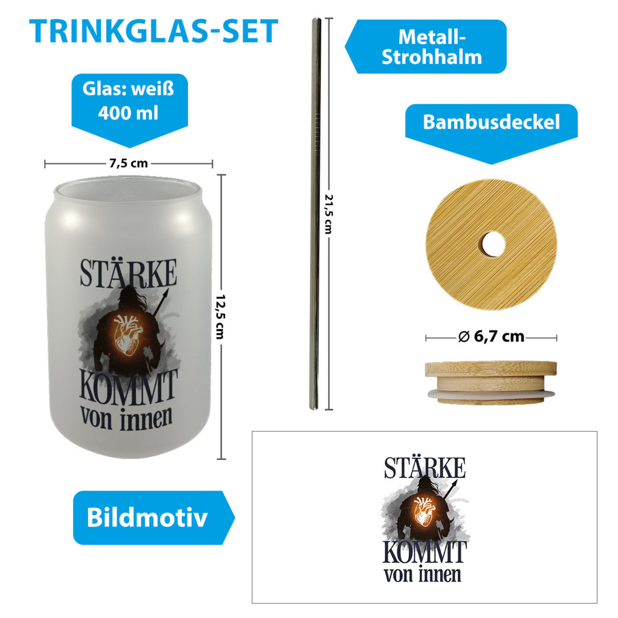 Stärke kommt von innen Trinkglas mit Bambusdeckel - Silhouette Krieger