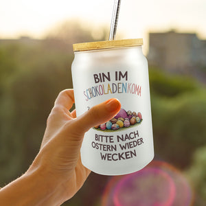 Schokoladenkoma Trinkglas mit Bambusdeckel Kind auf Schokoladeneiern