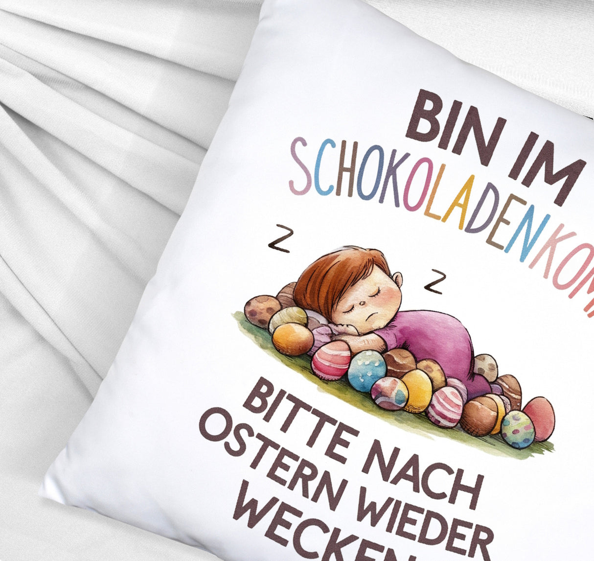 Schokoladenkoma Kissen Kind auf Schokoladeneiern