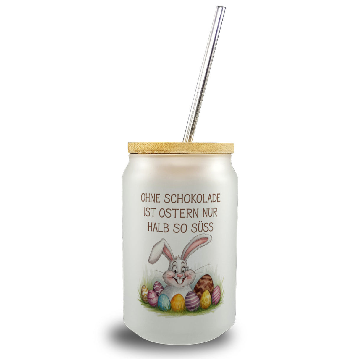 Fröhlicher Hase mit Ostereiern Trinkglas mit Bambusdeckel - Ostern ohne Schokolade halb so süß