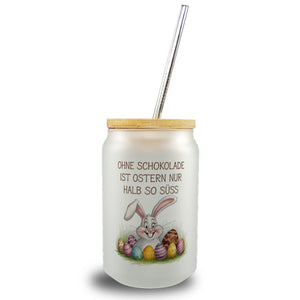 Fröhlicher Hase mit Ostereiern Trinkglas mit Bambusdeckel - Ostern ohne Schokolade halb so süß