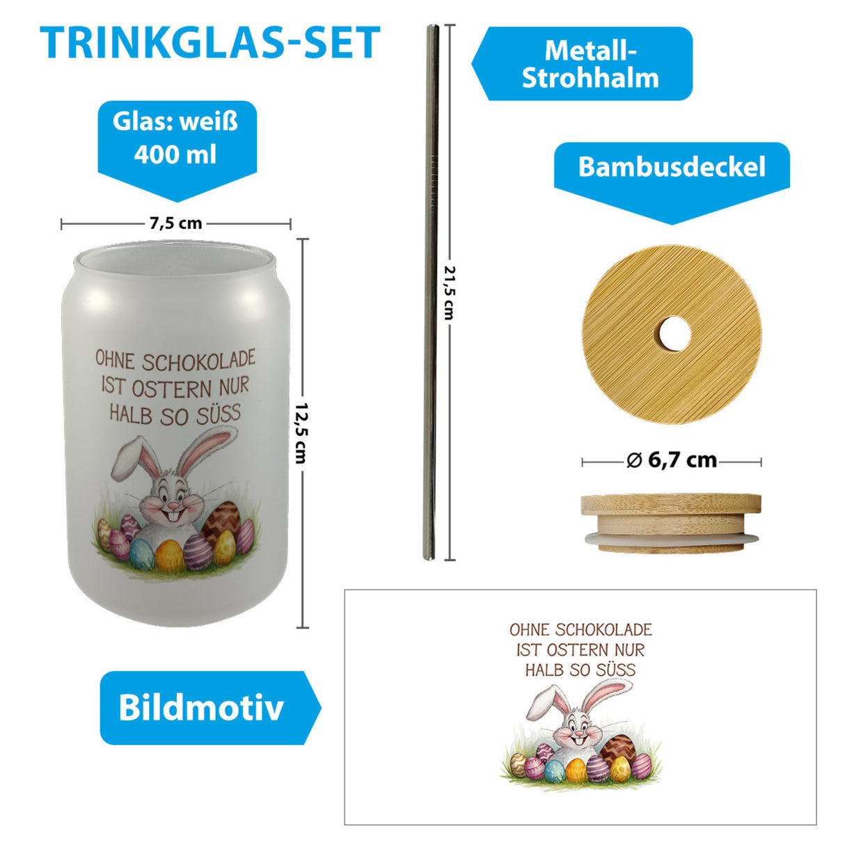 Fröhlicher Hase mit Ostereiern Trinkglas mit Bambusdeckel - Ostern ohne Schokolade halb so süß