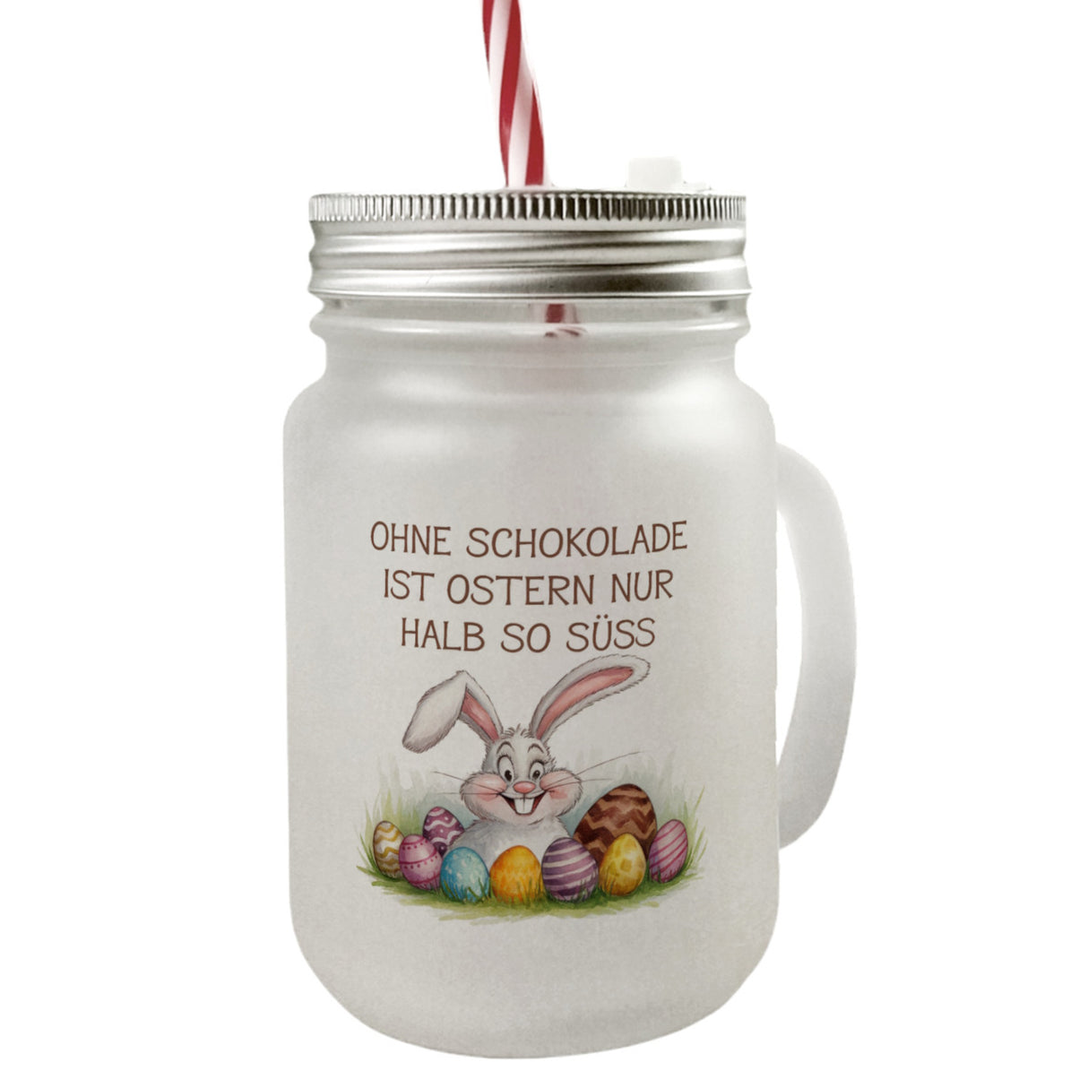 Fröhlicher Hase mit Ostereiern Trinkglas mit Bambusdeckel - Ostern ohne Schokolade halb so süß
