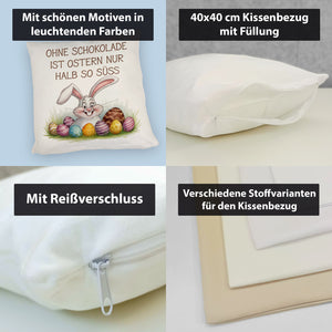Fröhlicher Hase mit Ostereiern Kissen - Ostern ohne Schokolade halb so süß