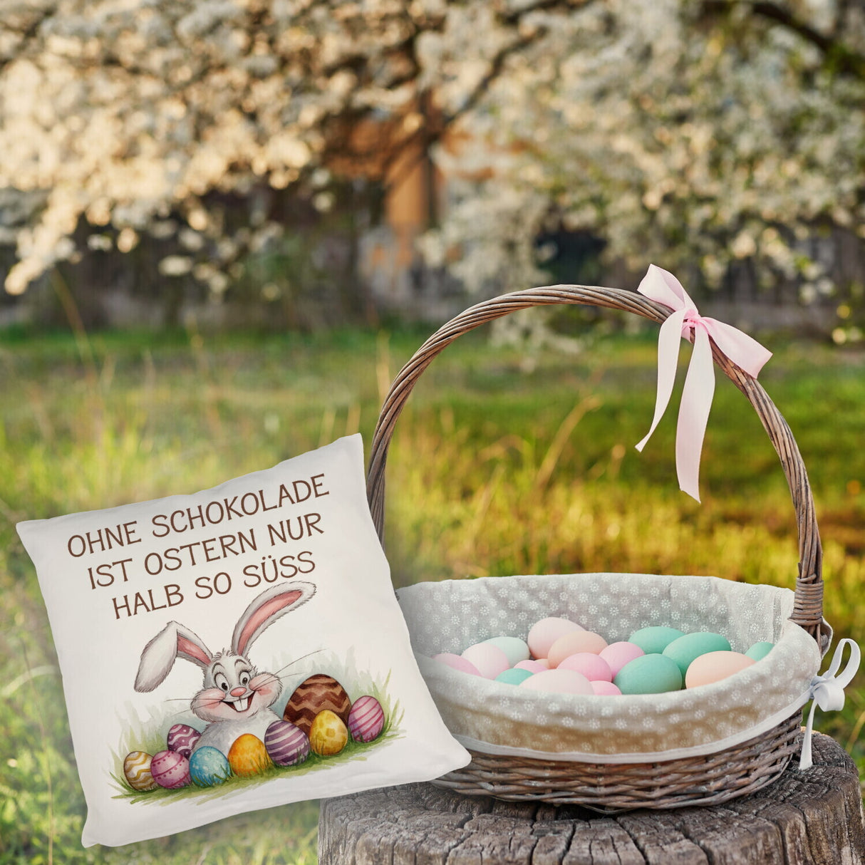 Fröhlicher Hase mit Ostereiern Kissen - Ostern ohne Schokolade halb so süß