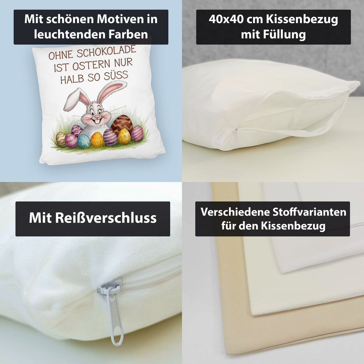 Fröhlicher Hase mit Ostereiern Kissen - Ostern ohne Schokolade halb so süß