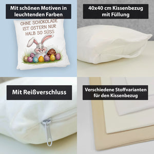 Fröhlicher Hase mit Ostereiern Kissen - Ostern ohne Schokolade halb so süß