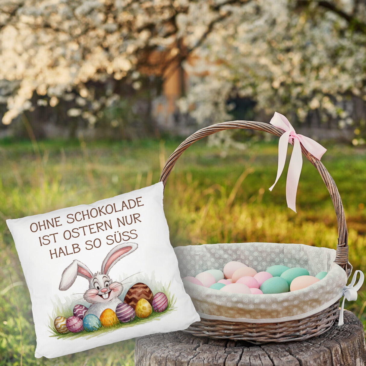 Fröhlicher Hase mit Ostereiern Kissen - Ostern ohne Schokolade halb so süß