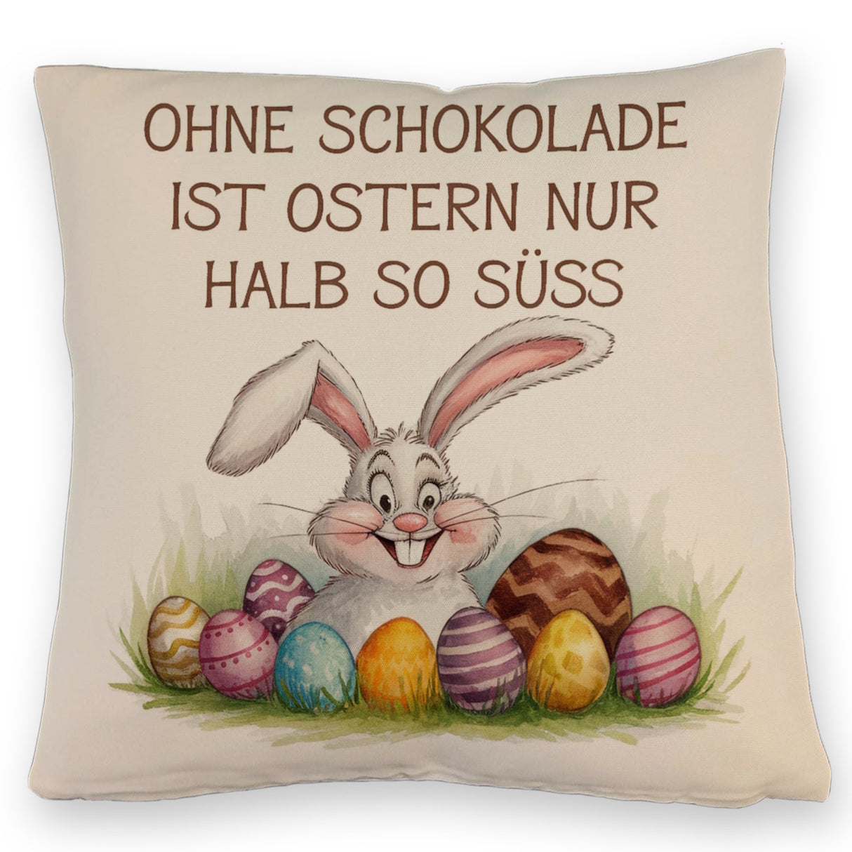 Fröhlicher Hase mit Ostereiern Kissen - Ostern ohne Schokolade halb so süß