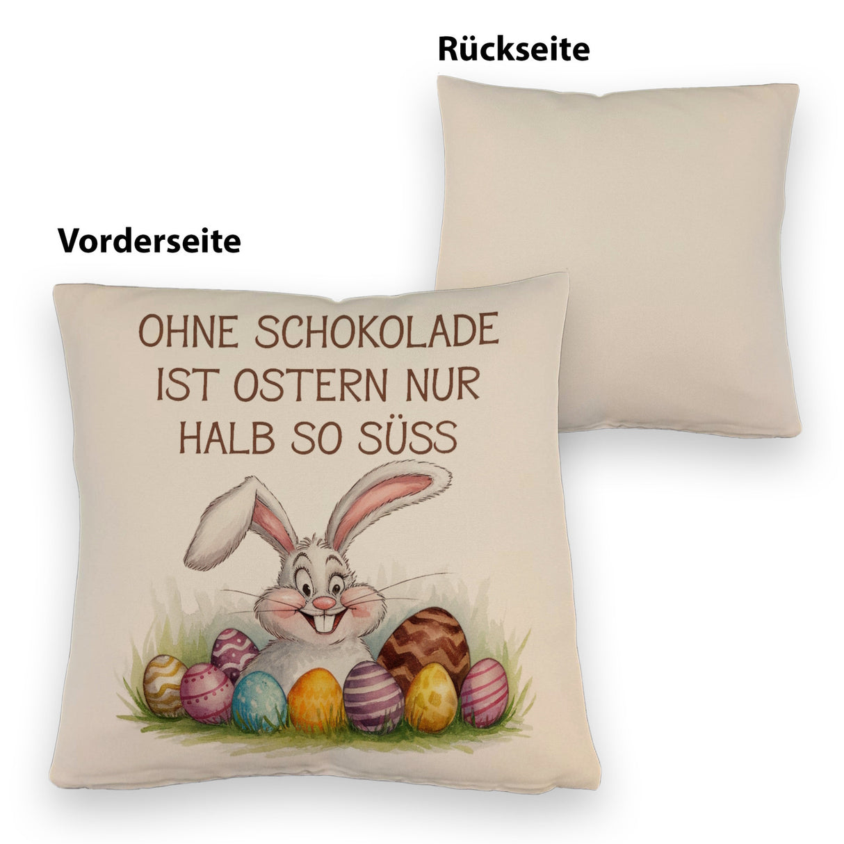 Fröhlicher Hase mit Ostereiern Kissen - Ostern ohne Schokolade halb so süß
