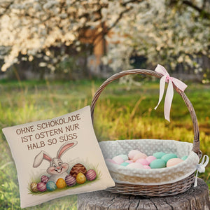 Fröhlicher Hase mit Ostereiern Kissen - Ostern ohne Schokolade halb so süß