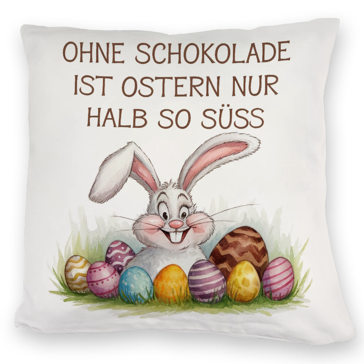 Fröhlicher Hase mit Ostereiern Kissen - Ostern ohne Schokolade halb so süß
