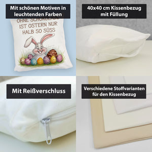 Fröhlicher Hase mit Ostereiern Kissen - Ostern ohne Schokolade halb so süß