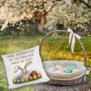 Fröhlicher Hase mit Ostereiern Kissen - Ostern ohne Schokolade halb so süß