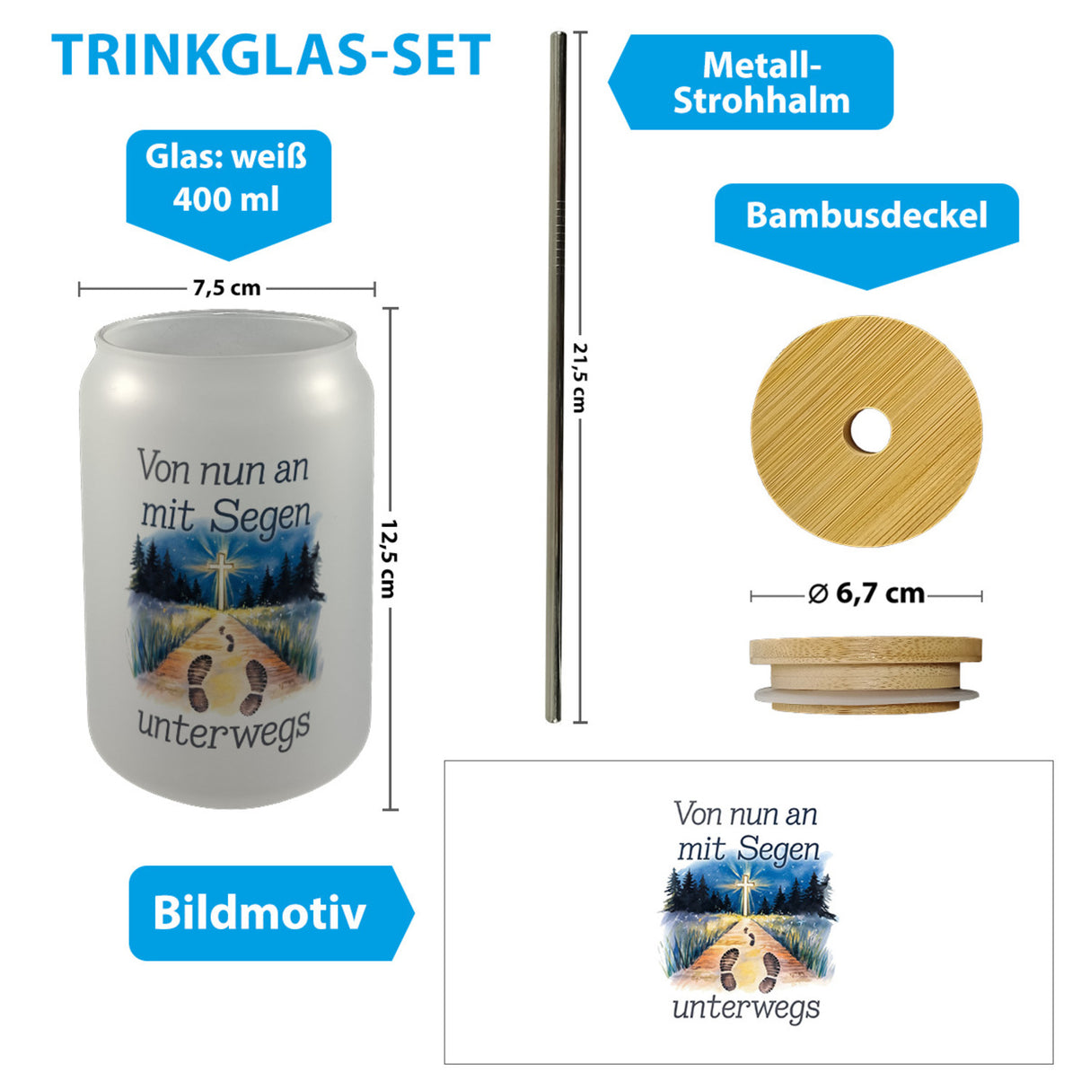 Mit Segen unterwegs Trinkglas mit Bambusdeckel - Segenstrahlendes Kreuz