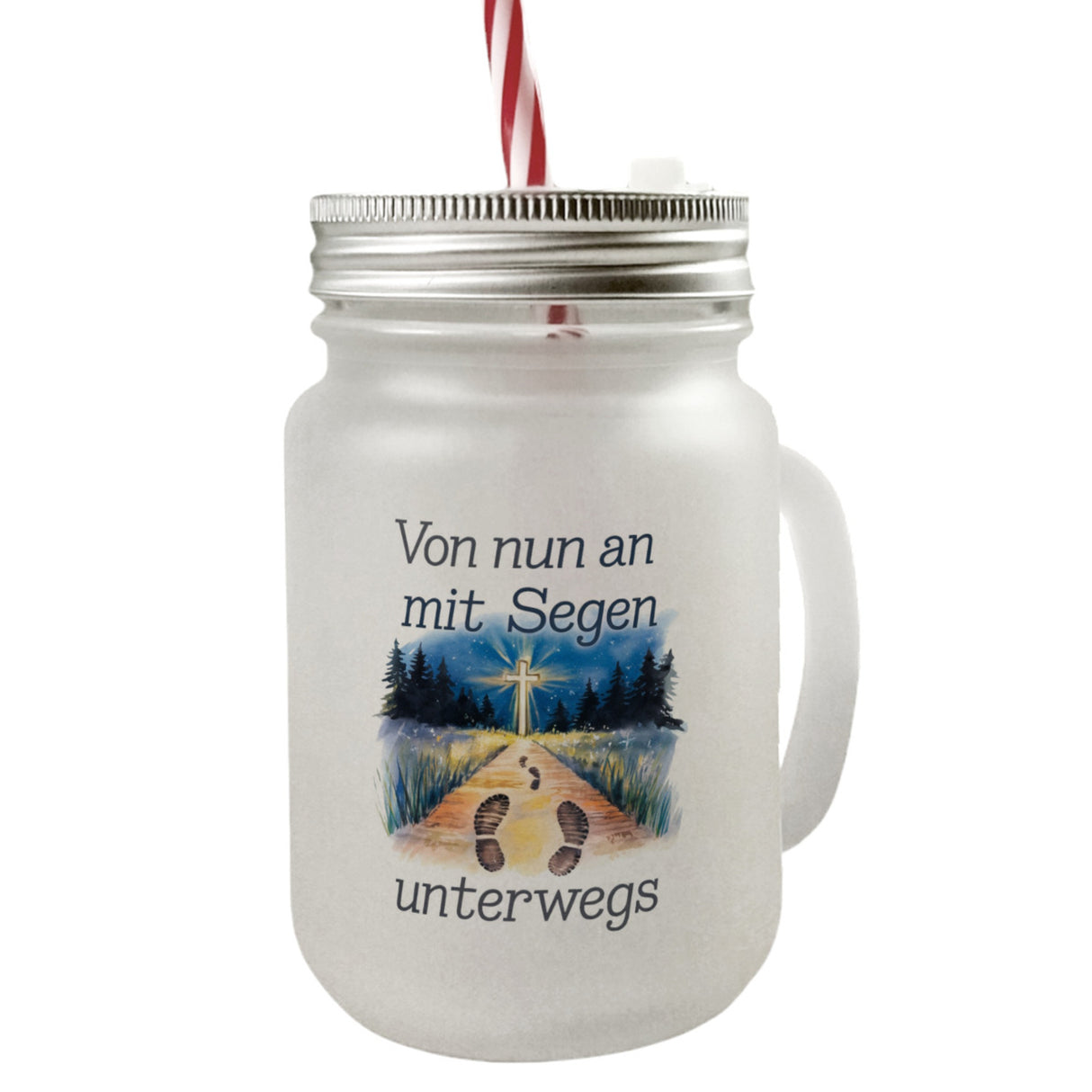 Mit Segen unterwegs Trinkglas mit Bambusdeckel - Segenstrahlendes Kreuz