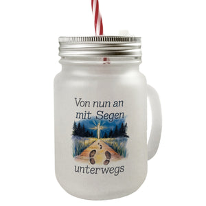 Mit Segen unterwegs Trinkglas mit Bambusdeckel - Segenstrahlendes Kreuz