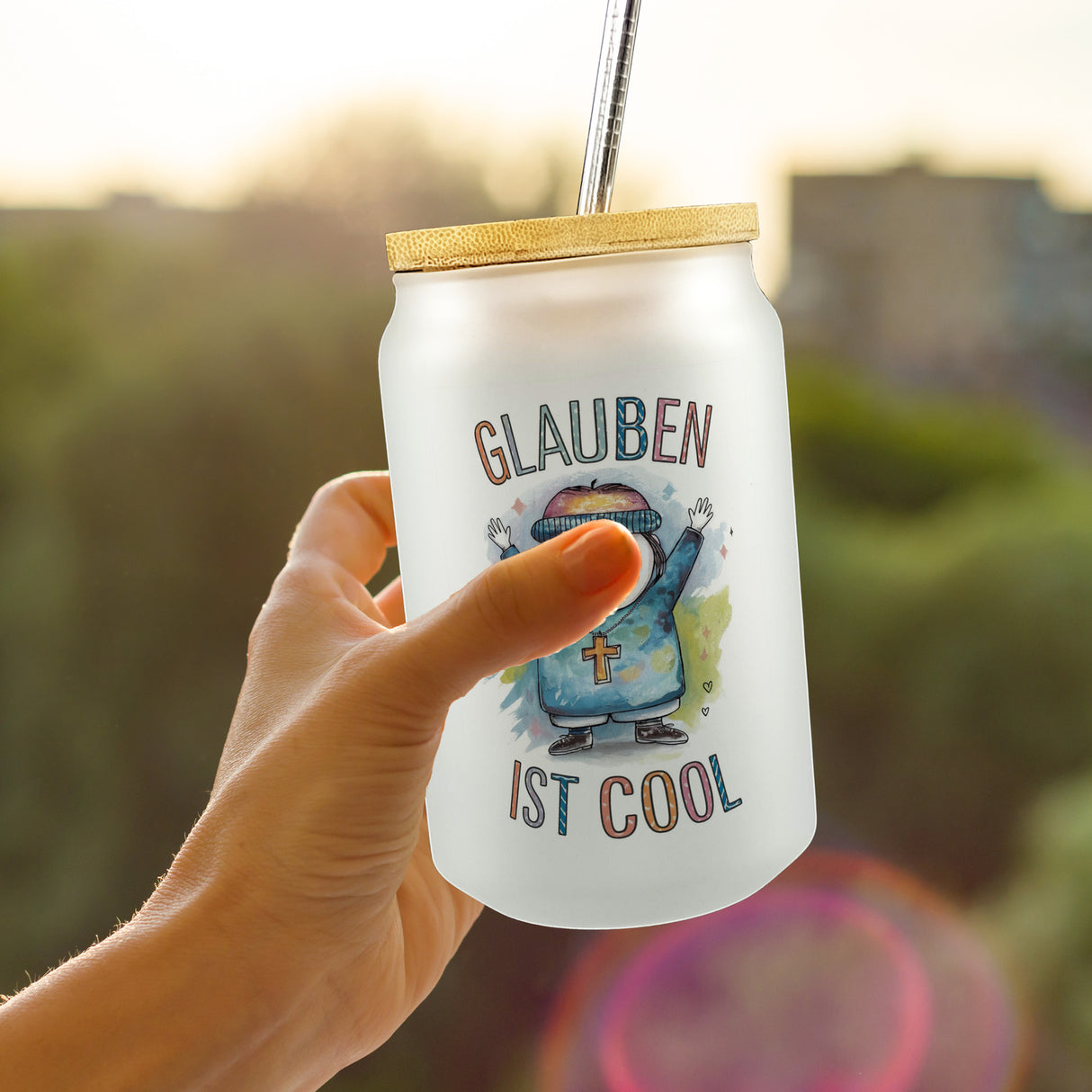 Glauben ist cool Trinkglas mit Bambusdeckel