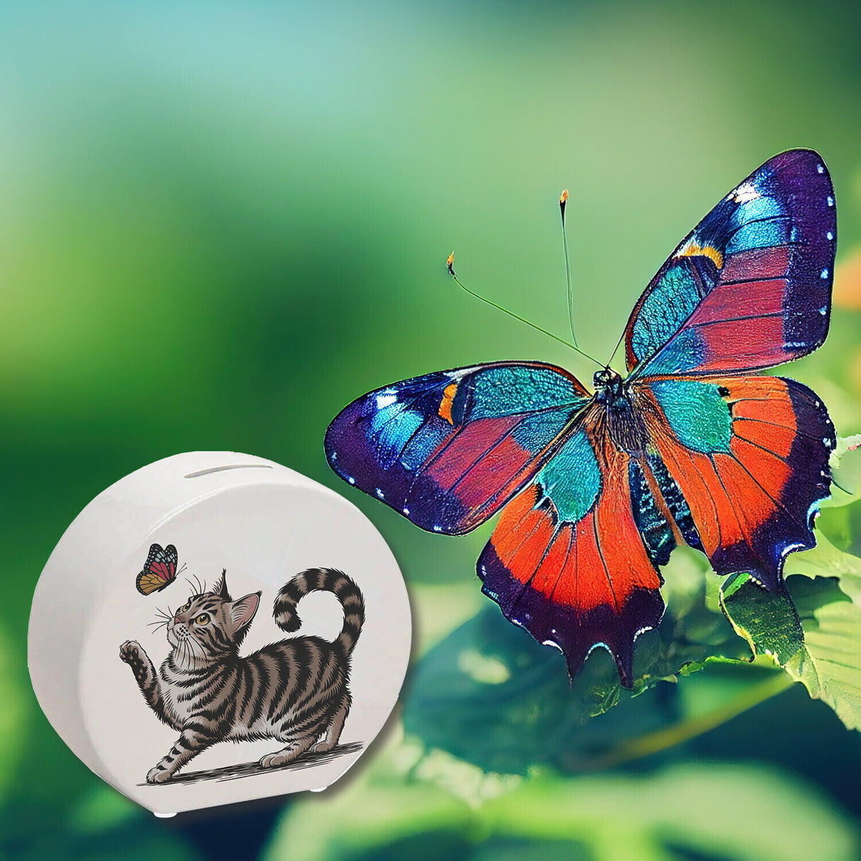 Katze mit Schmetterling Spardose für Tierliebhaber