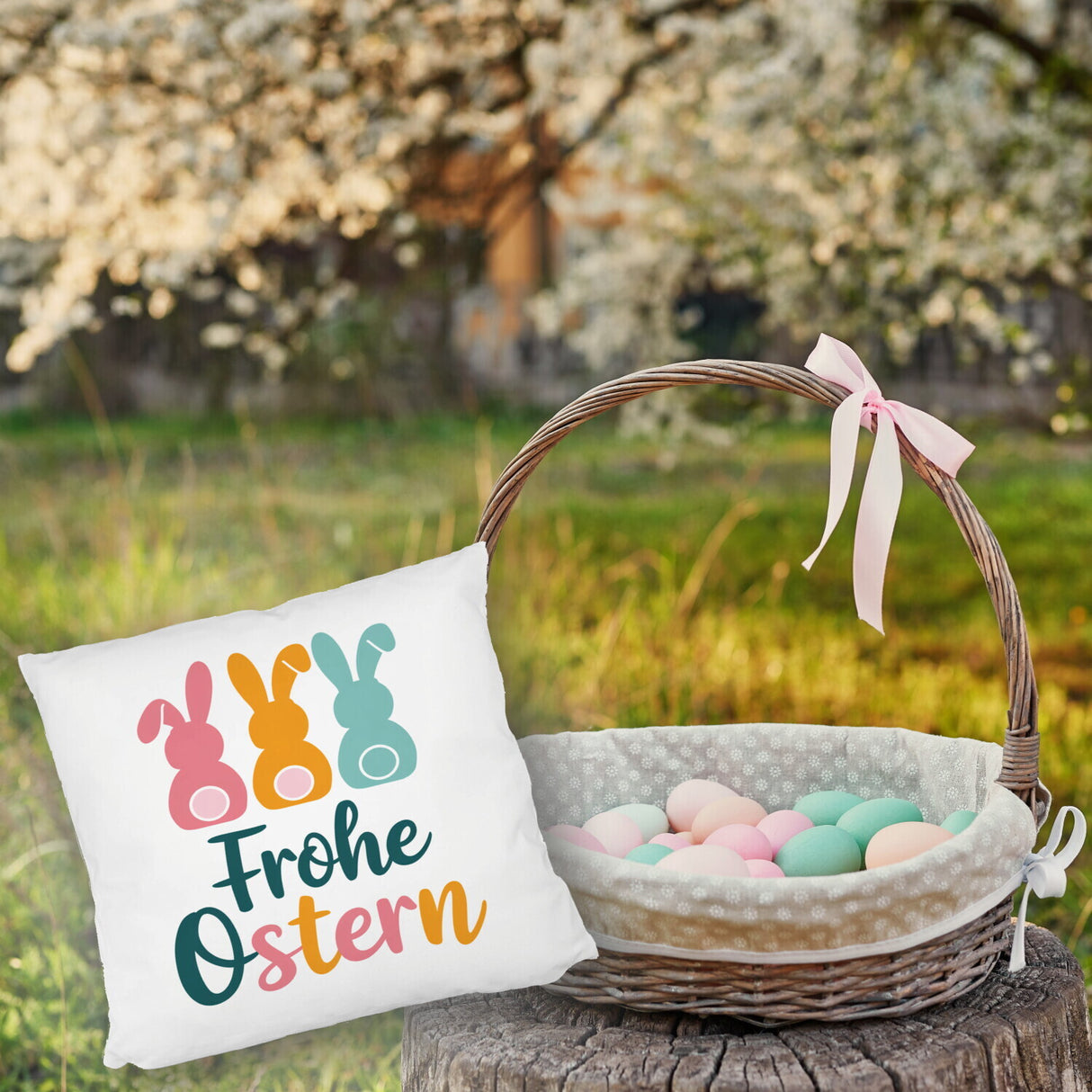 Frohe Ostern Hasen Kissen für Osterdeko