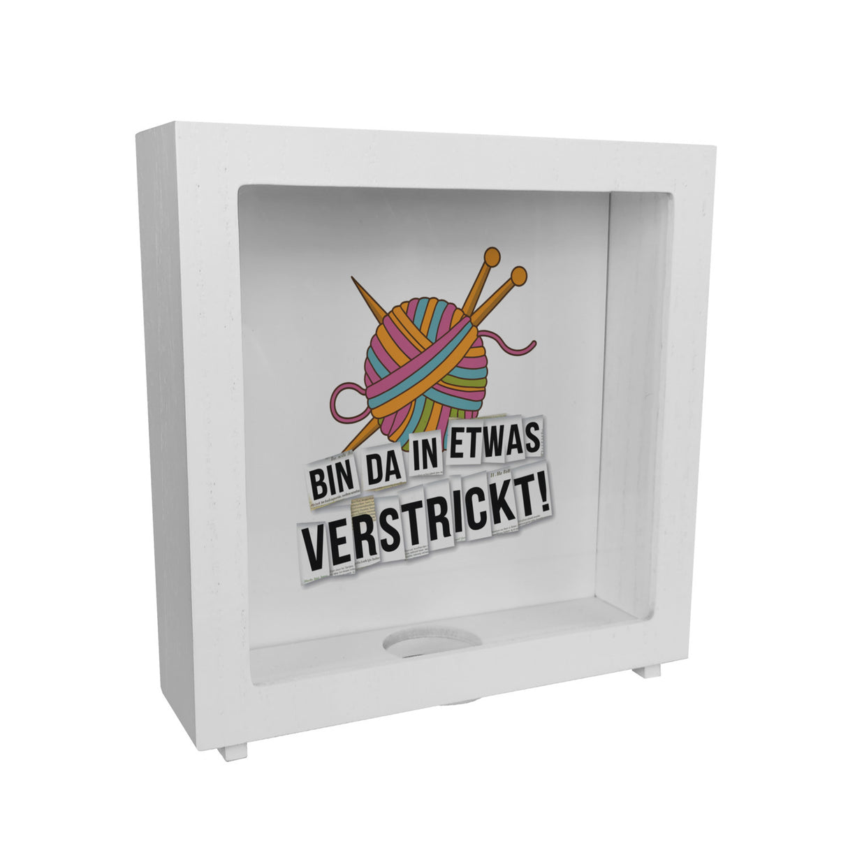 Bin da in etwas verstrickt Spardose mit Wolle und Stricknadeln