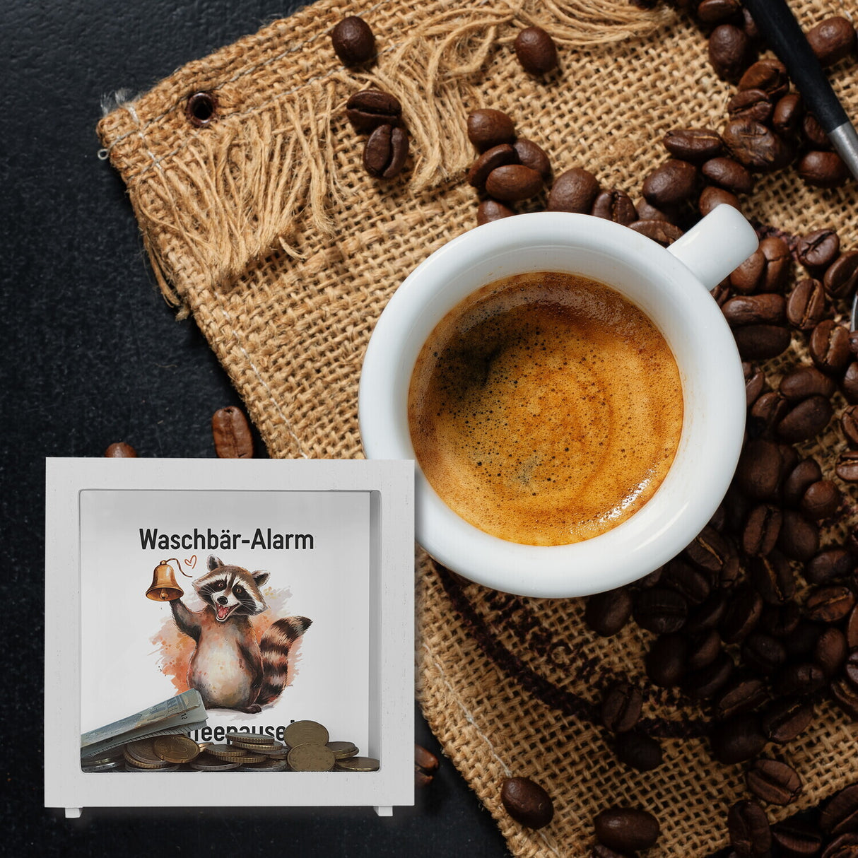 Waschbär mit Glocke - Kaffeepause Spardose
