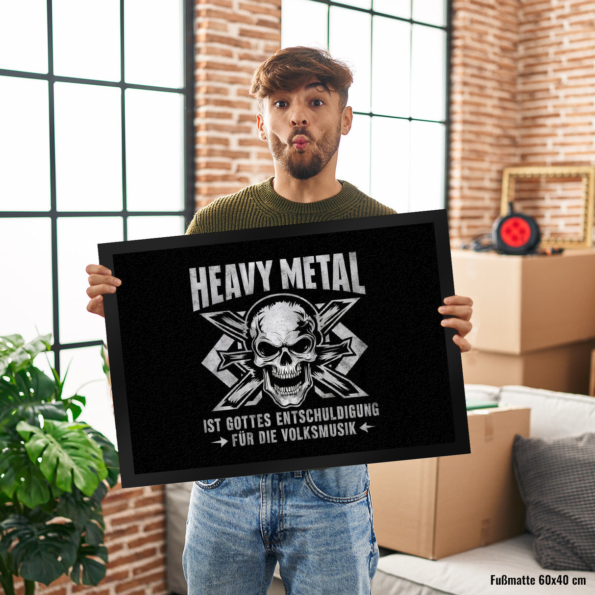 Heavy Metal statt Volksmusik Fußmatte in 35x50 cm mit Totenkopf