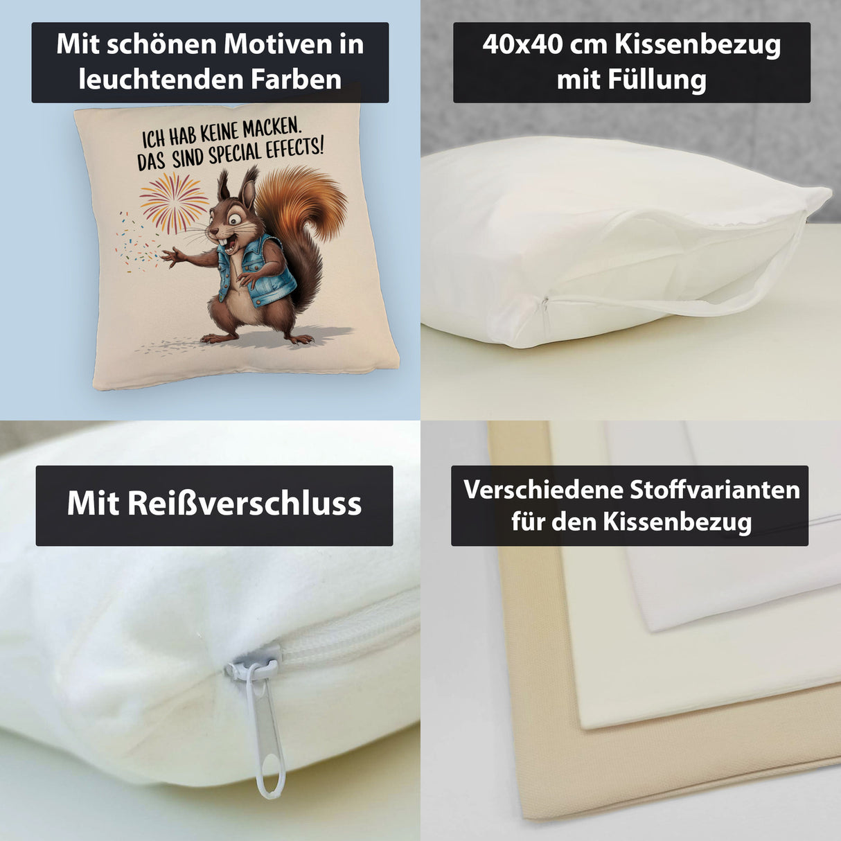 Hab keine Macken Kissen mit verrücktem Eichhörnchen