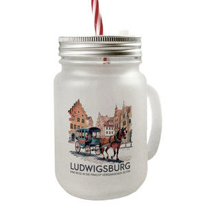 Ludwigsburg Reise Trinkglas mit Bambusdeckel Pferdekutsche auf Kopfsteinpflaster