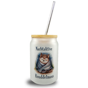 Nachtaktive Knuddelmaus Trinkglas mit Bambusdeckel Kuschelige Fledermaus
