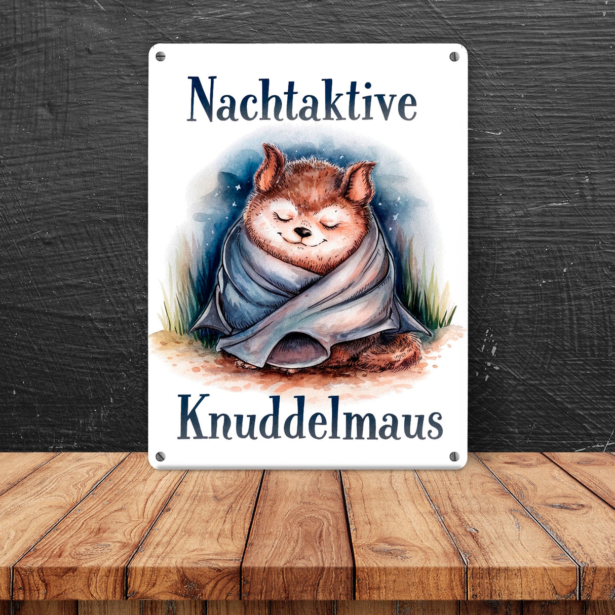 Nachtaktive Knuddelmaus Metallschild in 15x20 cm Kuschelige Fledermaus