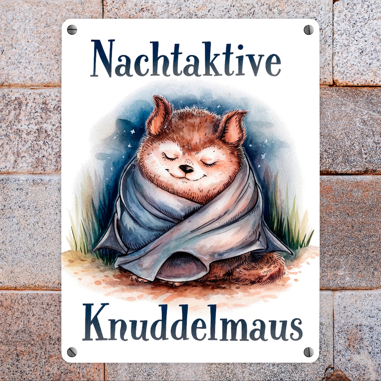 Nachtaktive Knuddelmaus Metallschild in 15x20 cm Kuschelige Fledermaus