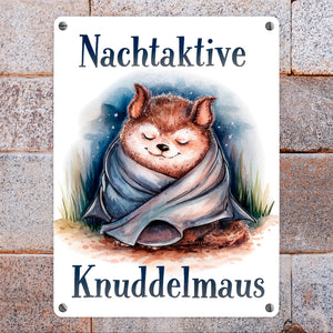 Nachtaktive Knuddelmaus Metallschild in 15x20 cm Kuschelige Fledermaus
