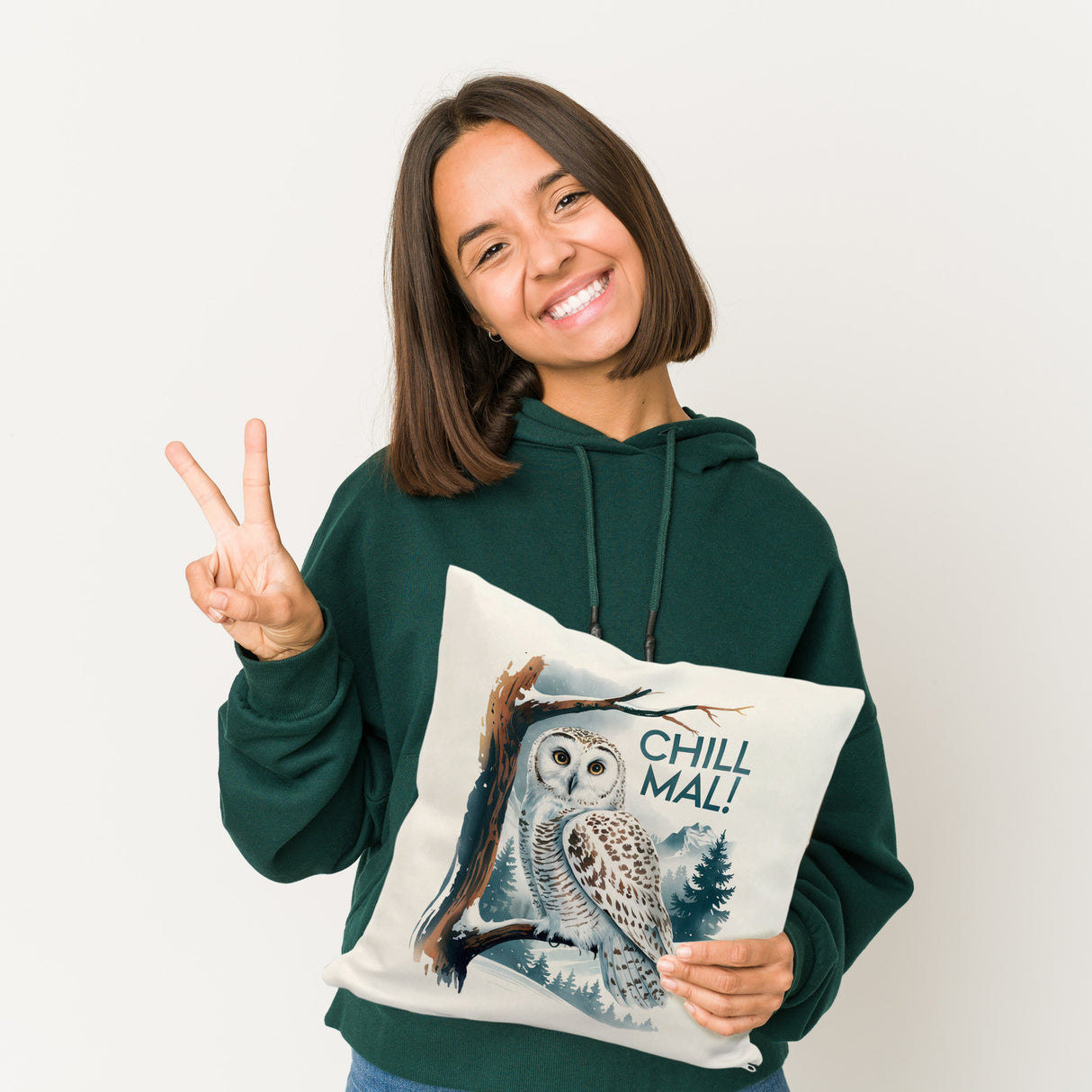 Chill mal Kissen Schneeeule auf Ast
