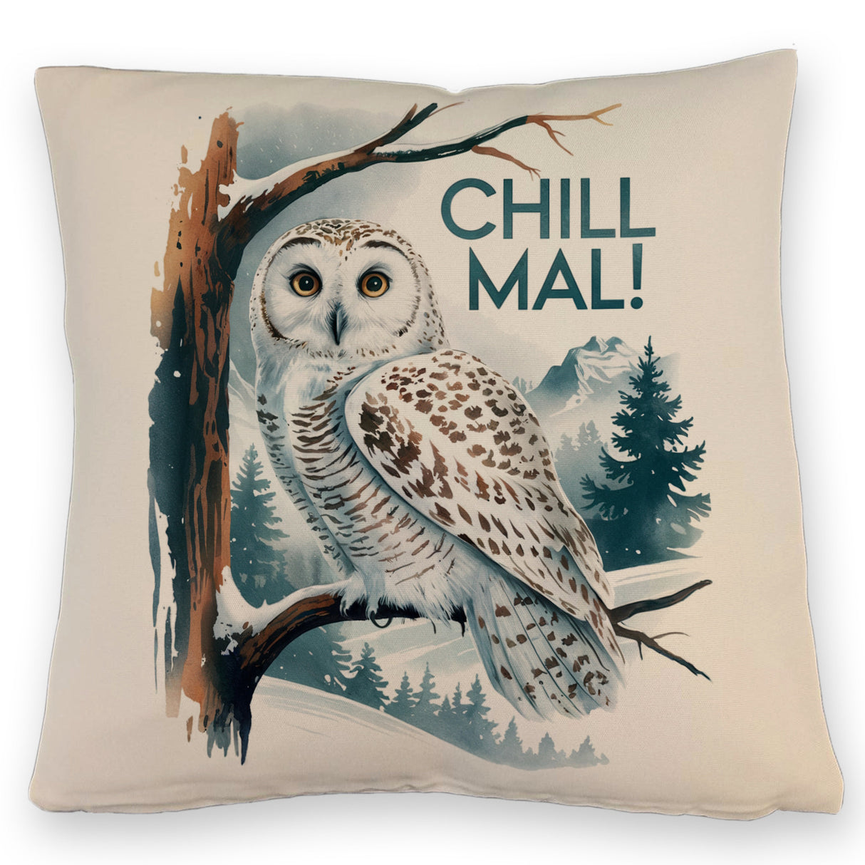 Chill mal Kissen Schneeeule auf Ast