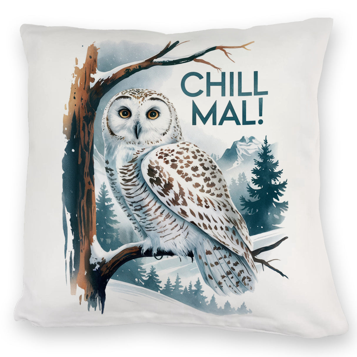 Chill mal Kissen Schneeeule auf Ast